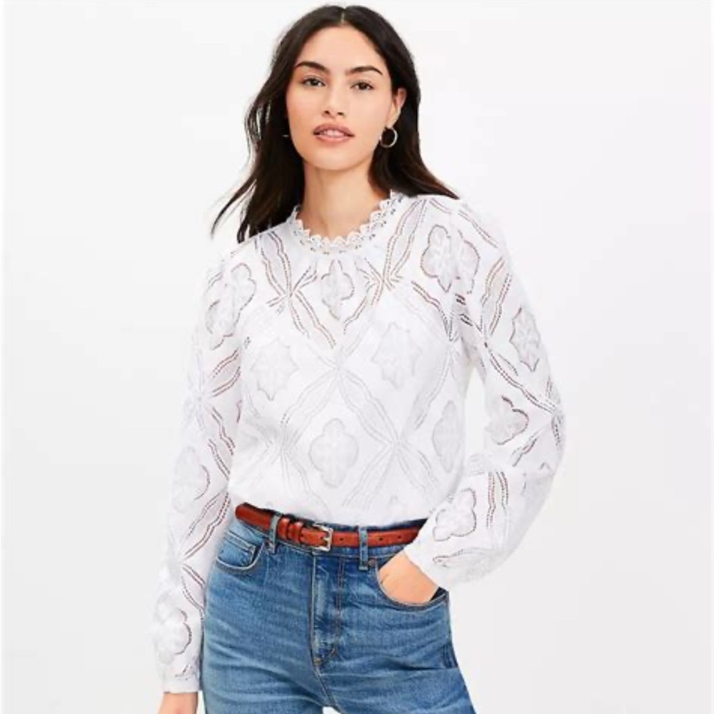 LOFT White Lace Long-Sleeve Blouse